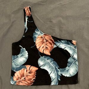 Forever 21 one sleeve crop top with feather pattern